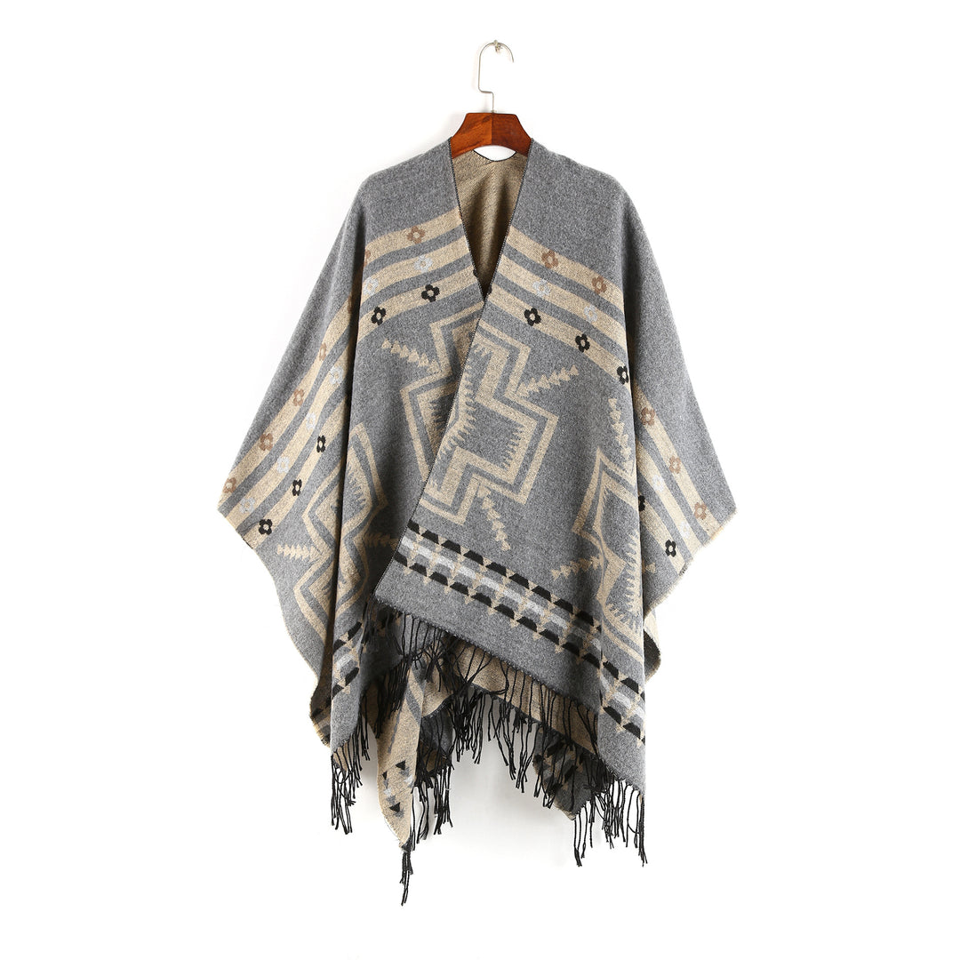 Damen Oversize-Poncho im Ruana-Stil mit Ethno-Jacquard und Fransensaum Drune