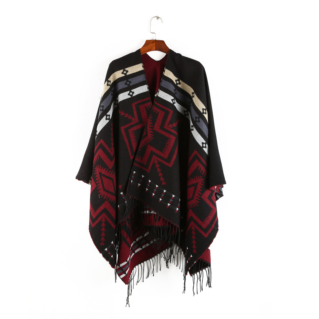 Damen Oversize-Poncho im Ruana-Stil mit Ethno-Jacquard und Fransensaum Drune