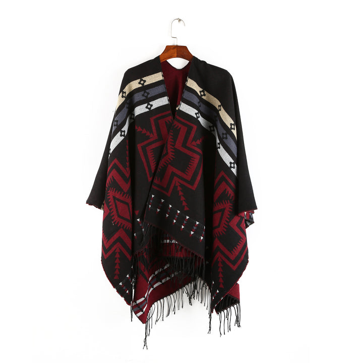 Damen Oversize-Poncho im Ruana-Stil mit Ethno-Jacquard und Fransensaum Drune