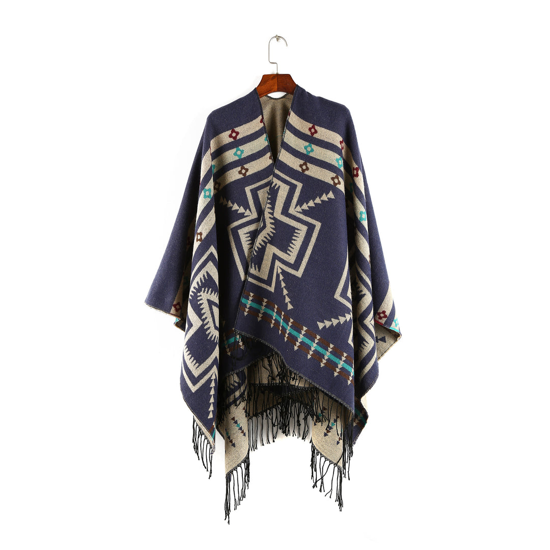 Damen Oversize-Poncho im Ruana-Stil mit Ethno-Jacquard und Fransensaum Drune