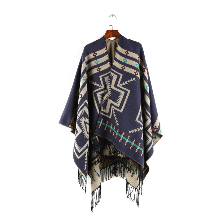 Damen Oversize-Poncho im Ruana-Stil mit Ethno-Jacquard und Fransensaum Drune