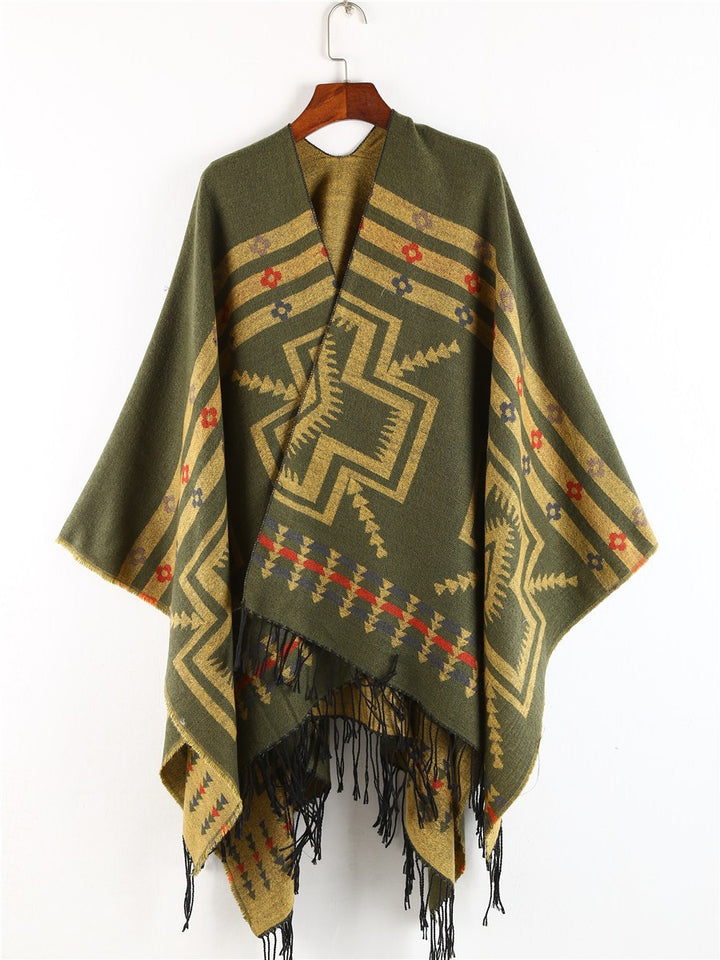 Damen Oversize-Poncho im Ruana-Stil mit Ethno-Jacquard und Fransensaum Drune