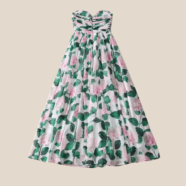 Drune | Trägerloses Maxikleid mit Blumenmuster und gerafftem Oberteil