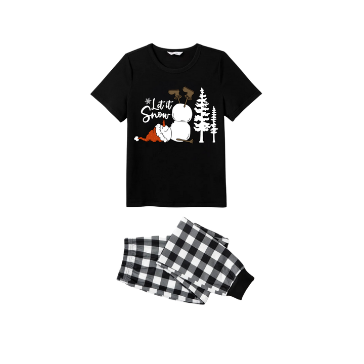 Drune | Lass es schneien Schneemann Familie Weihnachten Pyjama Set - Schwarzes Oberteil Schwarz-weiße karierte Hose Weiße Textgrafik
