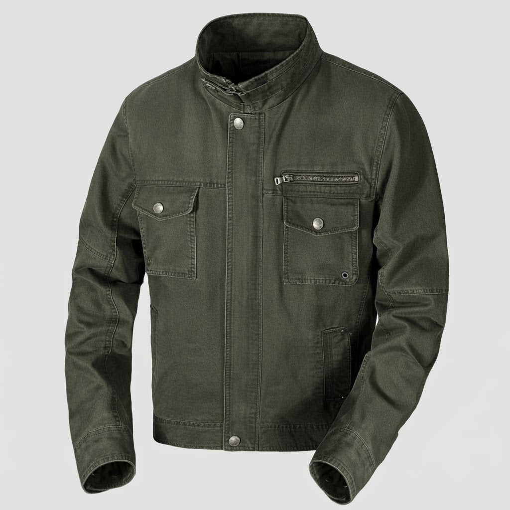 Herren Canvas-Outdoorjacke im Mechaniker-Look mit Stehkragen, Brustreißverschluss und Utility-Taschen Drune