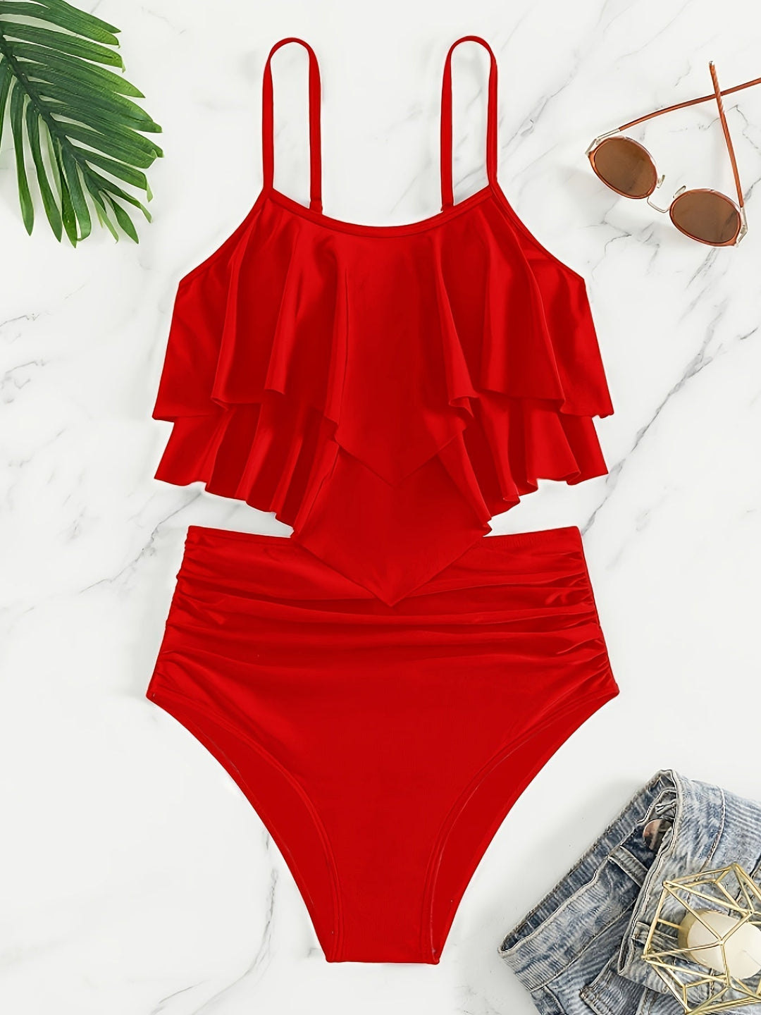 Drune | Raffung, Geschichtete Zweiteiliges Schwarzes Tankini für Damen