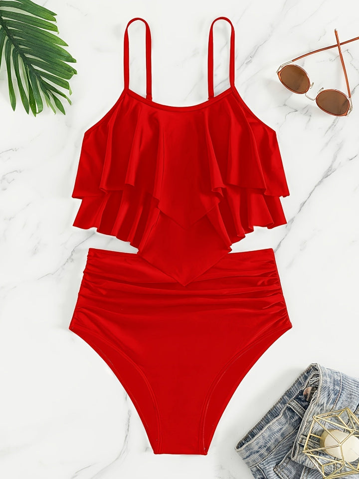 Drune | Raffung, Geschichtete Zweiteiliges Schwarzes Tankini für Damen