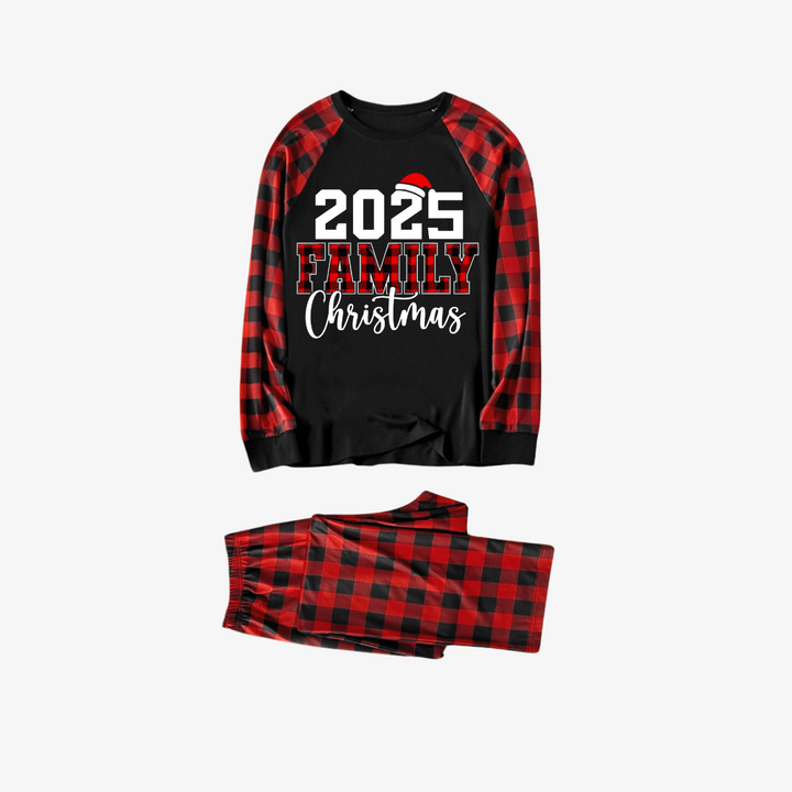 Drune | "2025 Familienweihnachten" Textdruck Schwarz & Rot Karierter Weihnachts-Pyjama Matching