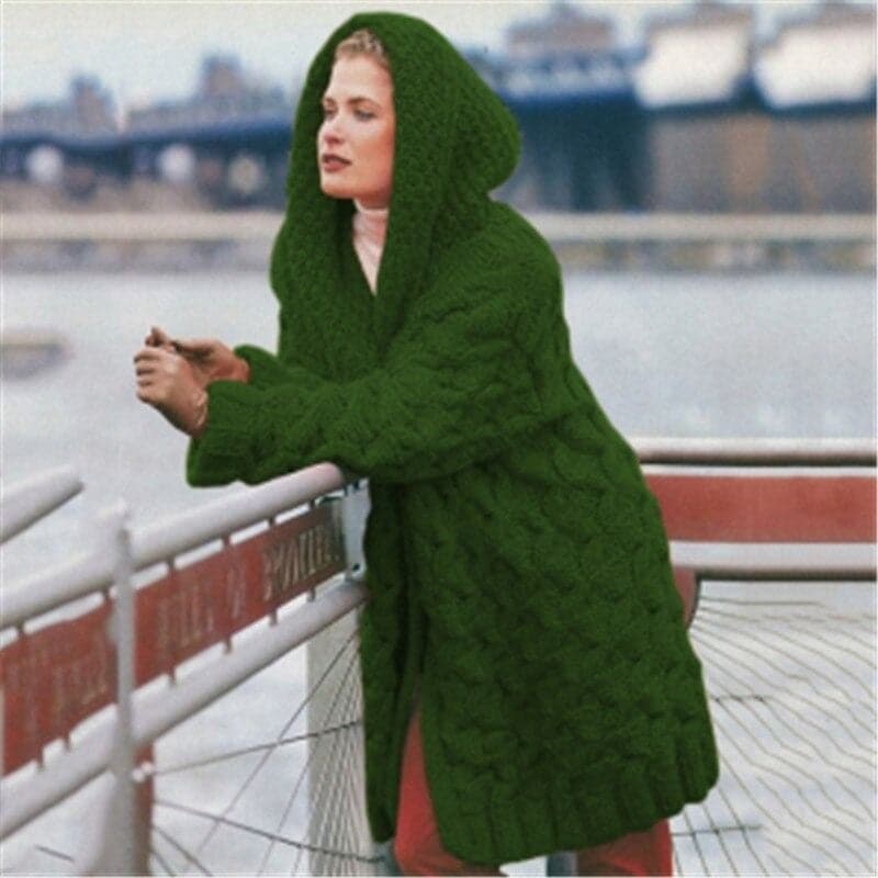 Drune | Gestrickte Strickjacke - Langmodell - Kabelstrick mit Kapuze - Offene Vorderseite