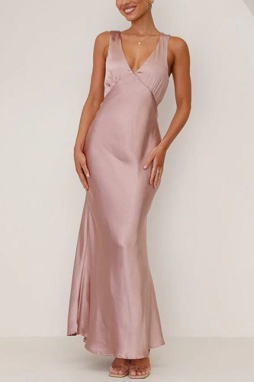 Drune | Rosiedress V-Ausschnitt Ärmelloses Maxikleid Party Kleid