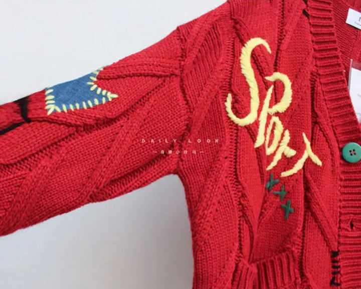 Drune | Gestrickte V-Ausschnitt Damenjacke mit Stickerei