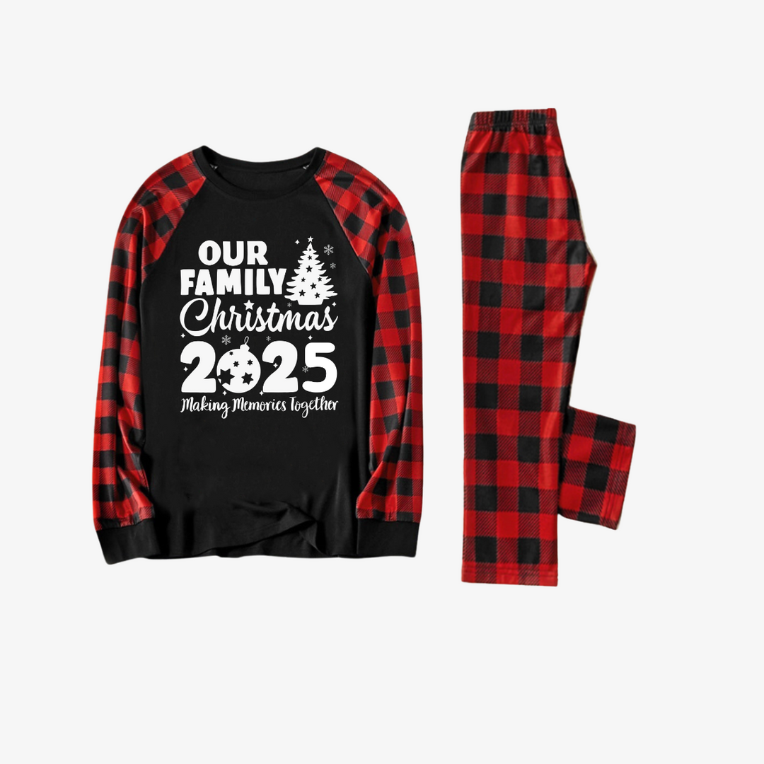 Drune | Weihnachtsbaum & "2025 Gemeinsam Erinnerungen schaffen" gemusterter Kontrast-Oberteil und Schwarz-Rot karierten Hose Familien-Matching Pyjama Set