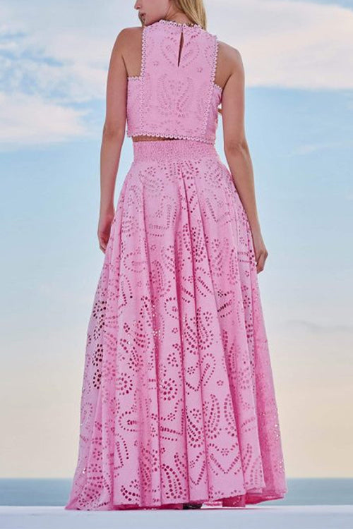 Drune | Rosiedress Spitze Hollow Out Rundhals Crop Tank Top Hohe Taille Maxi Swing Rock Set