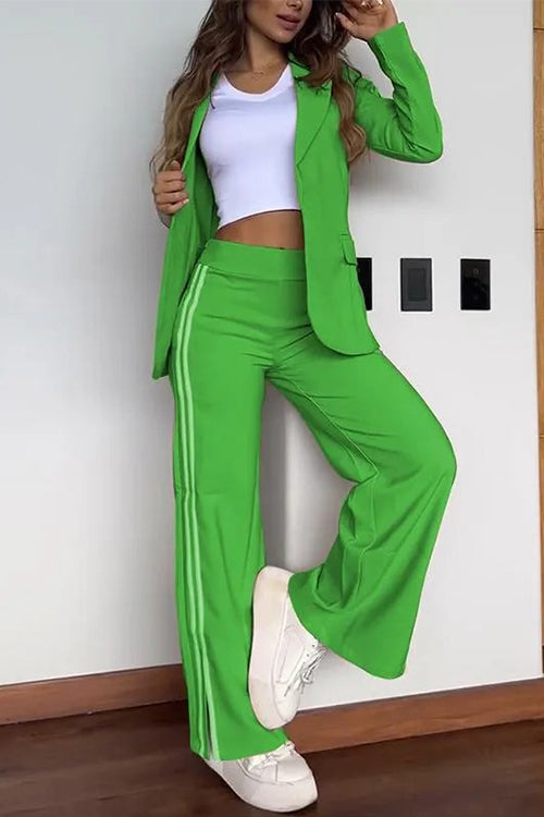 Drune | Rosiedress Farbblock Offene Front Blazer Elastischer Taillen Schlitz Weit Beinform Hose Set