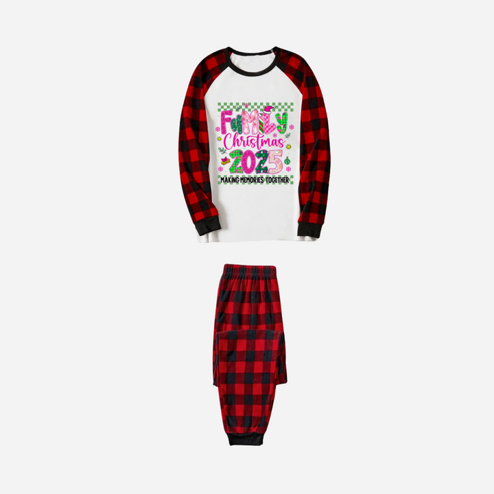 Drune | "Familienweihnachten 2025" Faux Glitter Schwarz und Rot Raglanärmel Weihnachts-Pyjama-Set
