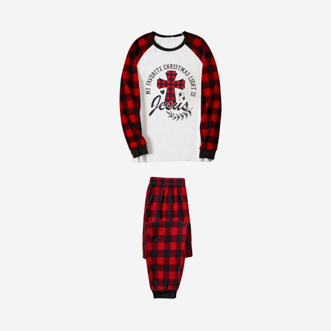 Drune | Mein Lieblings-Weihnachtslicht ist Jesus Familien-Weihnachts-Pyjama-Set - Weißes Oberteil mit roten karierten Ärmeln und roten karierten Hosen