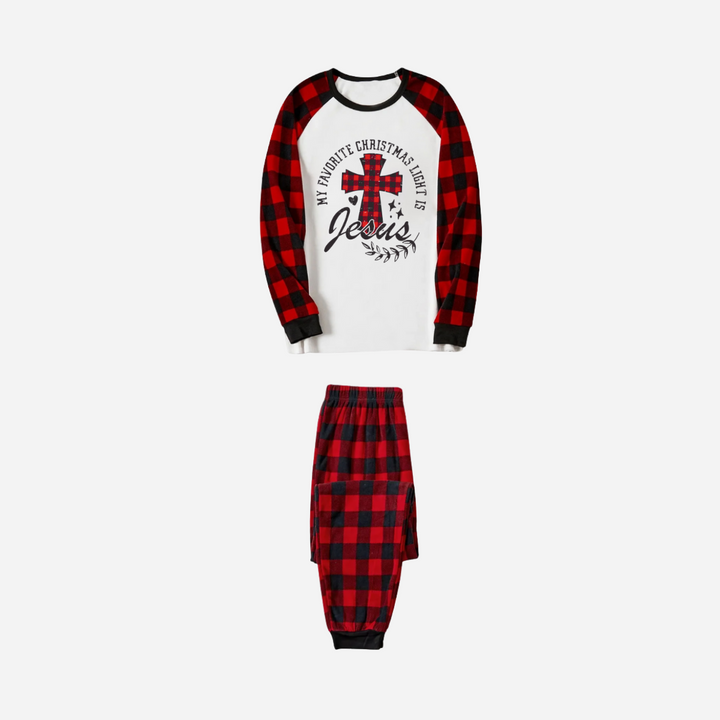 Drune | Mein Lieblings-Weihnachtslicht ist Jesus Familien-Weihnachts-Pyjama-Set - Weißes Oberteil mit roten karierten Ärmeln und roten karierten Hosen
