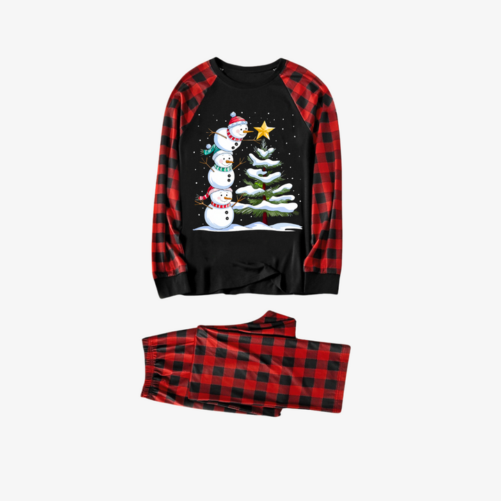 Drune | Rote und schwarze karierte Weihnachts-Pyjama-Sets mit Schneemann- und Weihnachtsbaum-Print