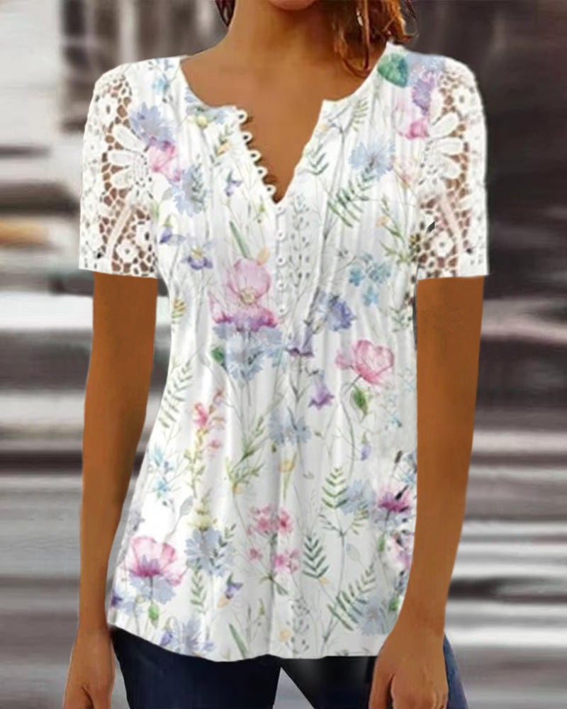 Drune | Elegantes T-Shirt mit Kurzen Ärmeln und V-Ausschnitt Print für Damen