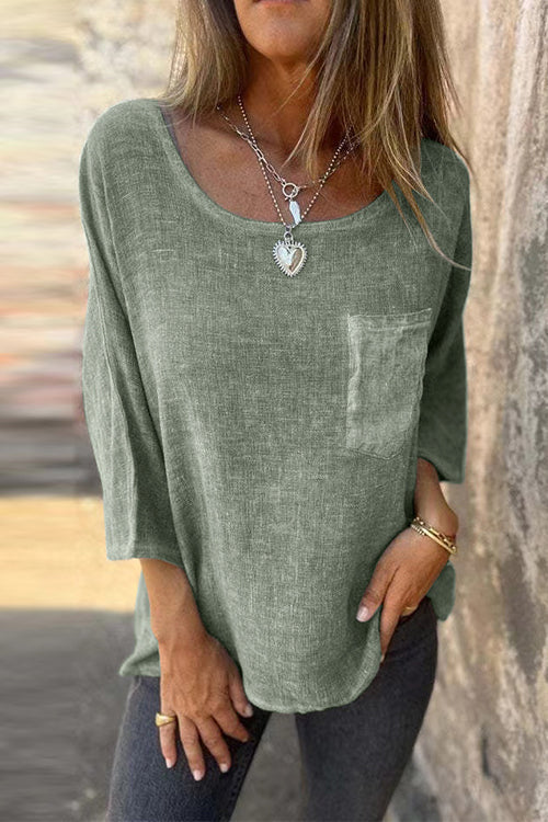 Drune | Rosiedress 3/4 Ärmel mit Taschen Baumwolle Leinen Lässiges T-Shirt