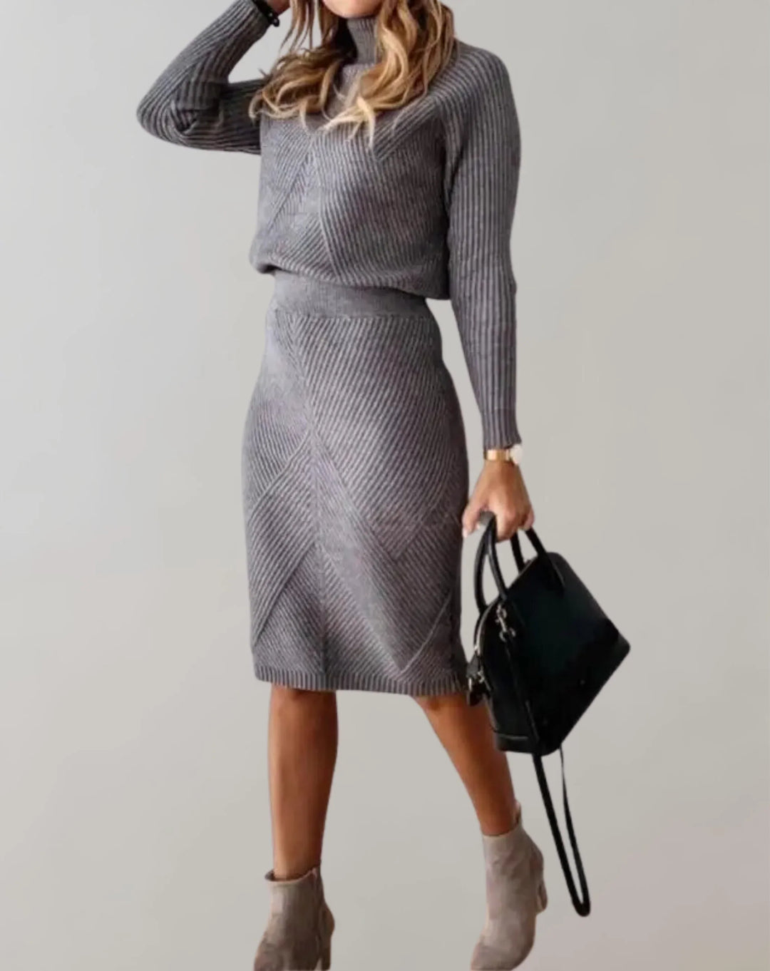 Drune | Satz Gerippter Zweiteiler Slim Passform Rollkragenpullover und Midi Rock