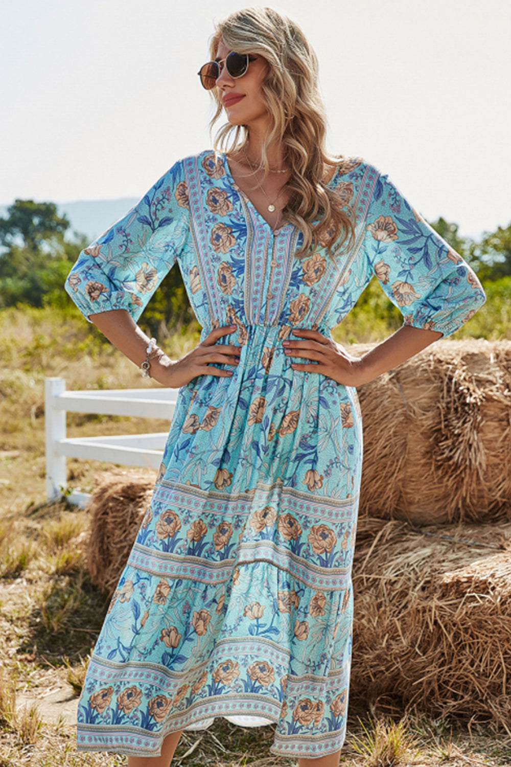 Drune | Hohe Taille V-Ausschnitt Boho Strandkleid