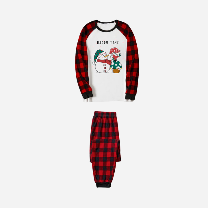 Drune | Rote und Schwarze Karierte Weihnachts-Pyjama-Set mit Schneemann und Gnom und "Happy Time" Textdruck