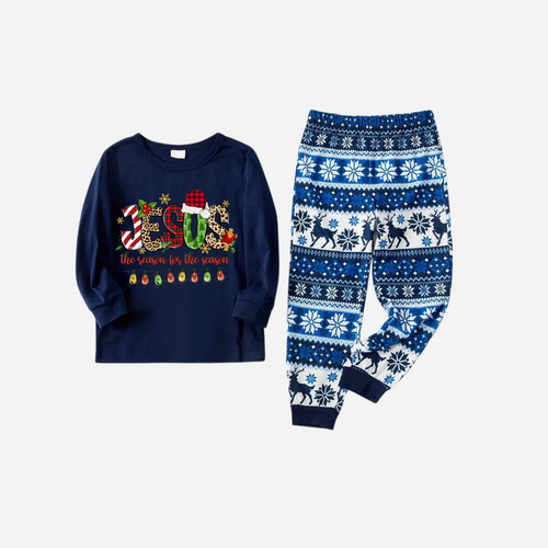 Drune | Jesus der Grund für die Saison Familie Weihnachten Pyjama Set - Marineblaues Oberteil mit blauen und weißen Schneeflocken bedruckten Hosen