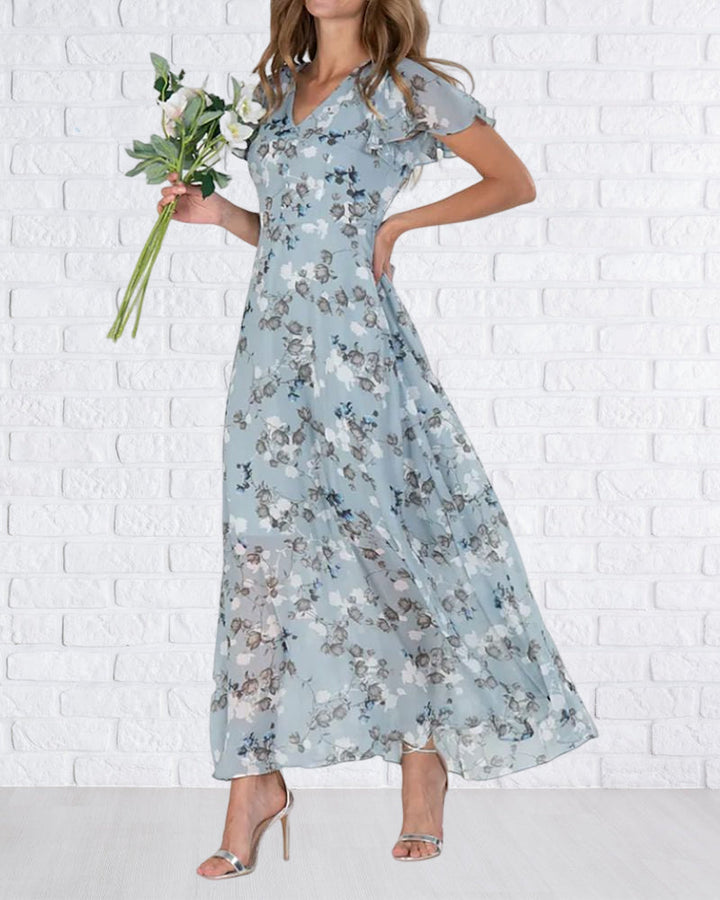 Drune - Florales Maxikleid Damen | Chiffonstoff luftiges Sommerkleid | Maxikleid mit fließendem Rock