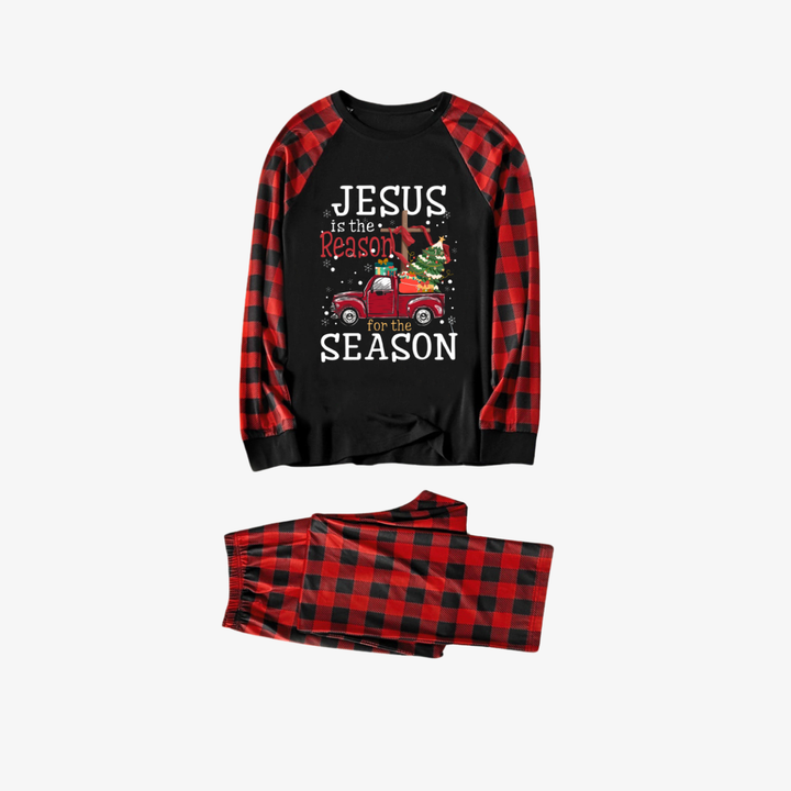 Drune | Rot und Schwarze Karierte Weihnachts-Pyjama-Set mit "Jesus ist der Grund für die Jahreszeit" Textdruck