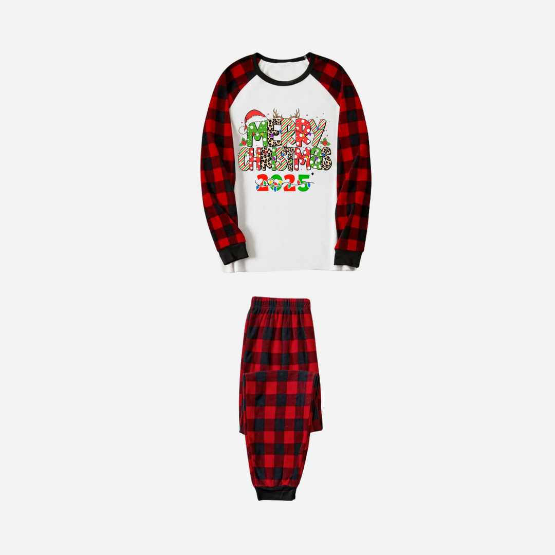 Drune | Fröhliche Weihnachten 2025 Familien Weihnachts-Pyjama-Set - Weißes Oberteil mit roten Karos Ärmeln und roten Karos Hosen