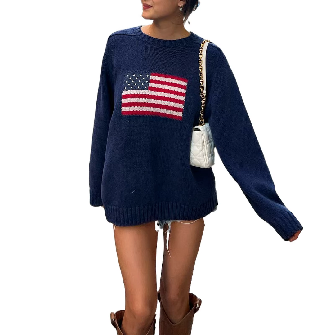 Drune | Damen Pullover mit Flaggen-Motiv - Strick Sweater im Retro-Look für Herbst & Streetstyle