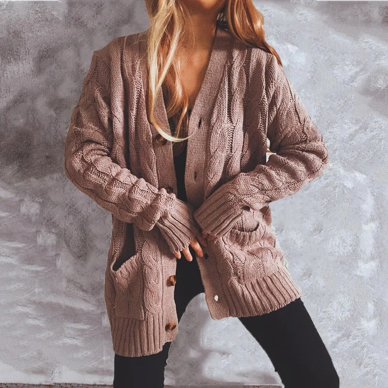 Drune | Wollstrickjacke Damen Mit Zopfmuster Und Holzknöpfen, Lockere