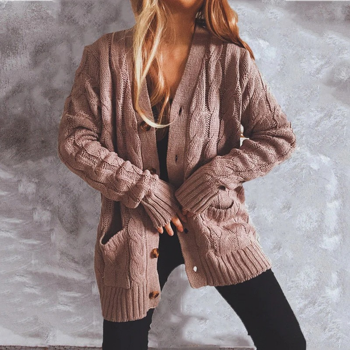 Drune | Wollstrickjacke Damen Mit Zopfmuster Und Holzknöpfen, Lockere
