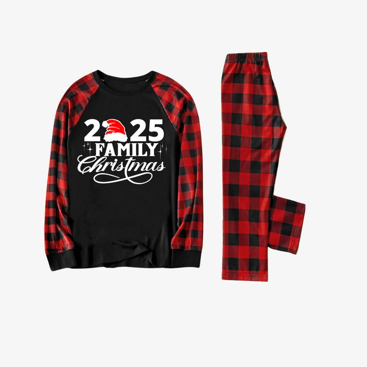 Drune | "2025 Familie Weihnachten" Buchstaben Druck Schwarz & Rot Karo Familie Passende Schwarze Pyjamas