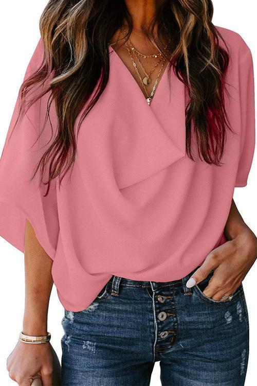 Drune | Rosiedress Cowl Neck Kurzarm Drapiert Chiffon Shirt