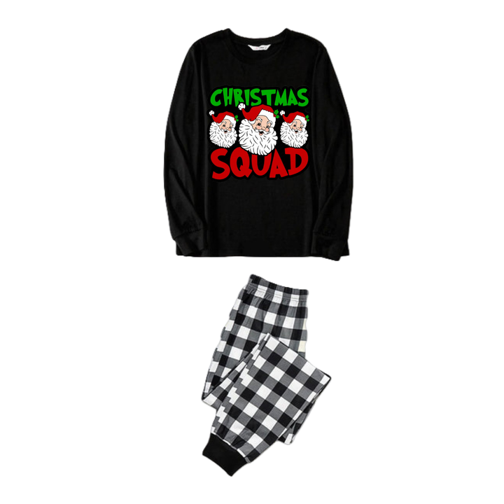 Drune | "Santa Squad" und Santa Claus Druck Schwarzes Langarmshirt mit Schwarz-Weißen Karohosen Familienpassende Schlafanzüge