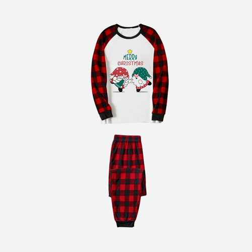 Drune | Rote und schwarze Karierte Weihnachts-Pyjama-Set mit Gnom und Frohe Weihnachten Textdruck