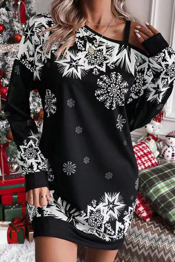Drune | Weihnachts-Schneeflocke Kalt-Schulter Lockeres Sweatshirt Mini Kleid