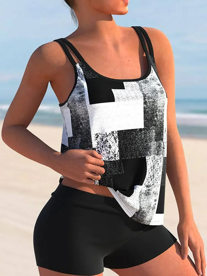 Drune Tankini mit doppeltem Träger und geometrischem Aufdruck