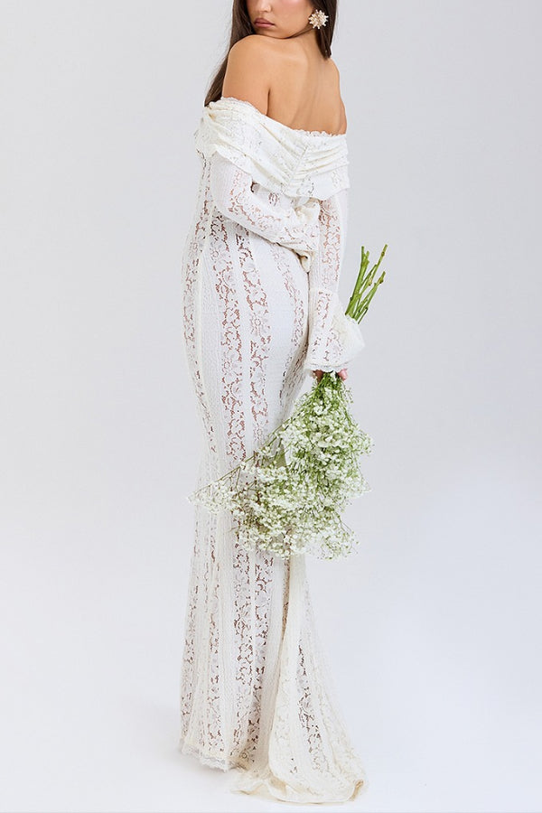 Drune | Blumen Spitze Off Shoulder Flare Ärmel Fishtail Maxi Kleider - Weiß