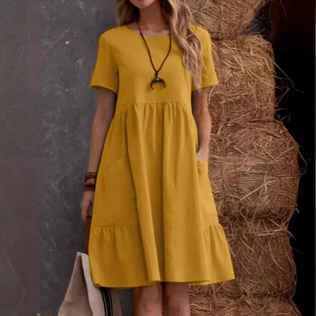 Drune | Lose Tasche einfarbig Rundhalsausschnitt Kleid