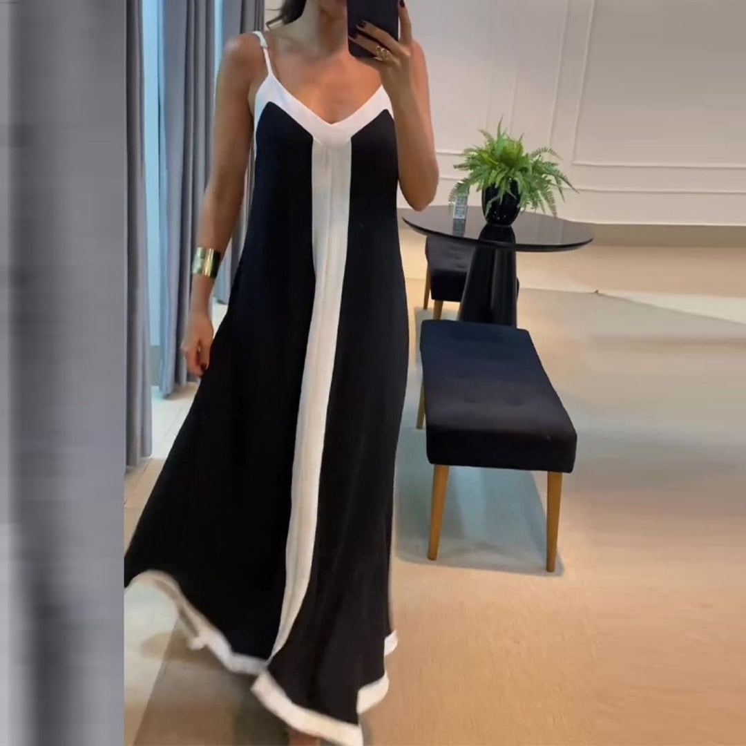 Drune | Kontrastfarbenes langes Kleid mit V-Ausschnitt und Strapsen