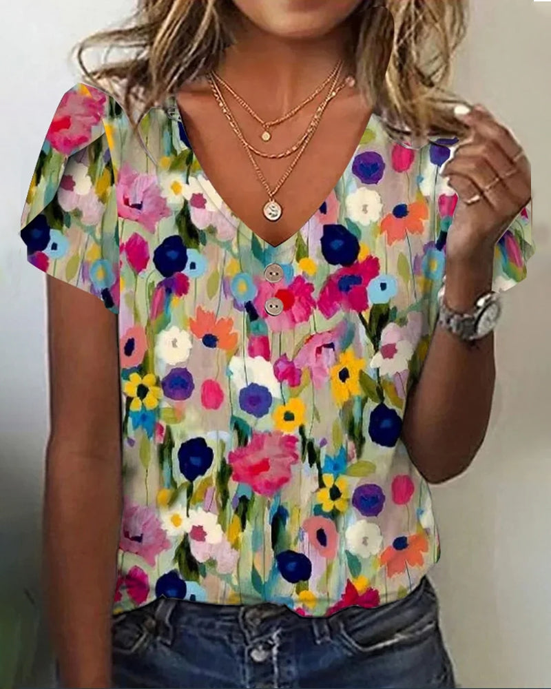 Drune | Kurzärmlige Farbenfrohe Blumenbluse mit V-Ausschnitt
