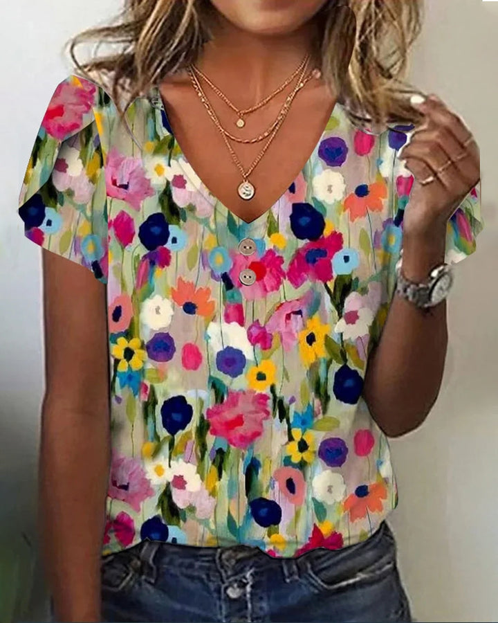 Drune | Kurzärmlige Farbenfrohe Blumenbluse mit V-Ausschnitt