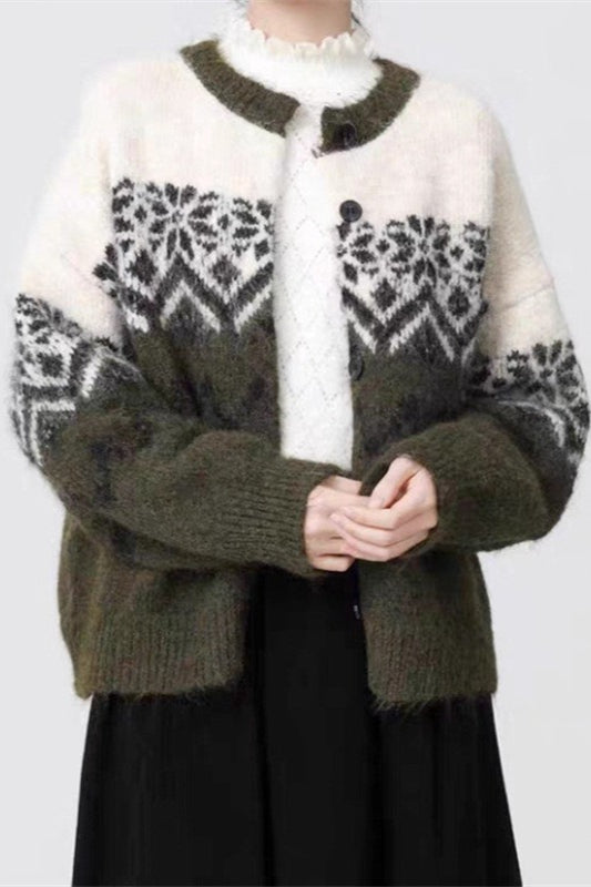 Drune | Retro Nordic Weihnachten Schneeflocke Jacquard Strickjacke