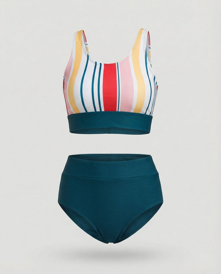 Drune | Gestreiftes Reißverschluss-Rücken Schick Bikini Set