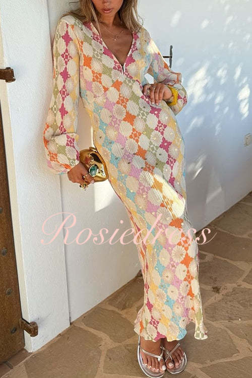 Drune | Rosiedress V-Ausschnitt Laternenärmel Geometrischer Druck Maxi-Kleid