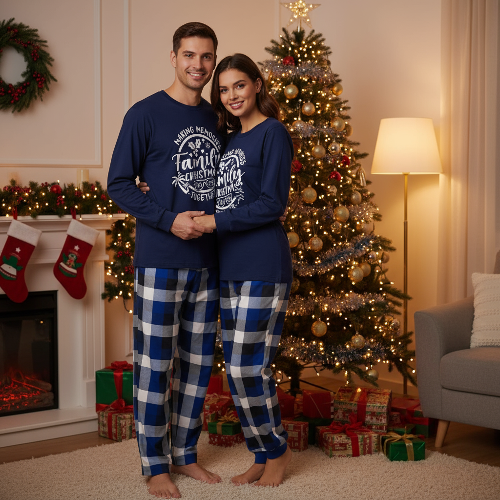 Drune | Weihnachts-Paar Blaue Karierte Pyjamas mit Make Memories Together 2025 Druck