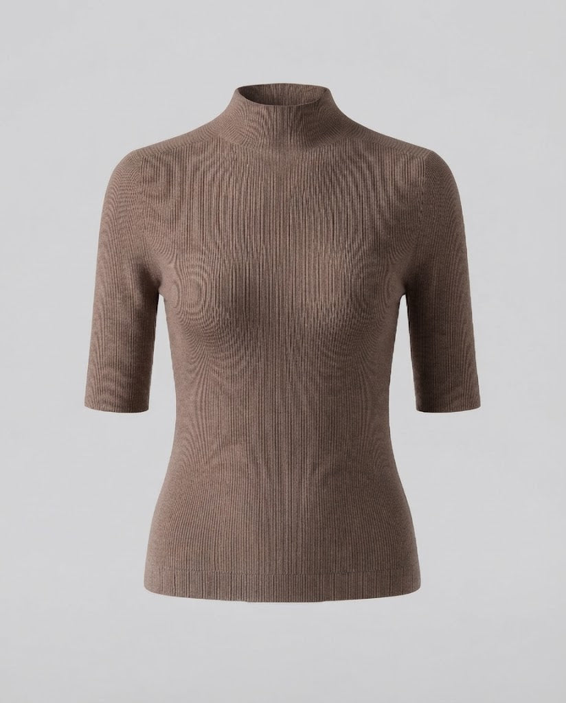 Damen Halbarm Feinstrickpullover mit kurzem Stehkragen und figurbetonter Passform Drune